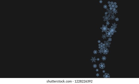Snowflake border for Christmas and New Year celebration. Holiday snowflake border on black background  with sparkles. For banners, gift coupons, vouchers, ads, party events. Horizontal frosty snow.