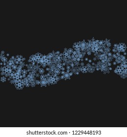 Snowflake border for Christmas and New Year celebration. Holiday snowflake border on black background  with sparkles. For banners, gift coupons, vouchers, ads, party events. Falling frosty snow.