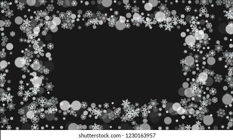 Snowflake border for Christmas and New Year holidays. Horizontal snowflake border on black background. For banners, gift coupons, vouchers, ads, party events. Falling frosty snow.