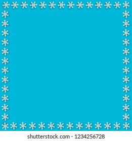 Snowflake border for Christmas and New Year holidays. Square snowflakes frame on blue background. Vector template for banner, gift coupon, voucher, flyer, party events. Scrapbook element, photo frame.