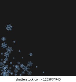 Snowflake border for Christmas and New Year celebration. Holiday snowflake border on black background  with sparkles. For banners, gift coupons, vouchers, ads, party events. Falling frosty snow.