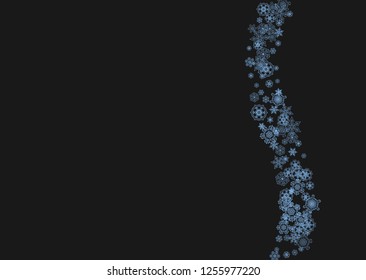 Snowflake border for Christmas and New Year celebration. Holiday snowflake border on black background  with sparkles. For banners, gift coupons, vouchers, ads, party events. Horizontal frosty snow.