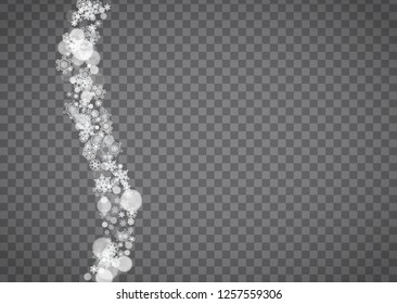 Snowflake border for Christmas and New Year holidays. Horizontal snowflake border on transparent background with sparkles. For banners, gift coupons, vouchers, ads, party events. Falling frosty snow.