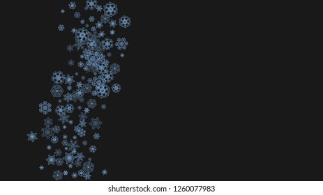 Snowflake border for Christmas and New Year celebration. Holiday snowflake border on black background  with sparkles. For banners, gift coupons, vouchers, ads, party events. Horizontal frosty snow.