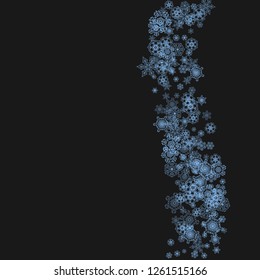 Snowflake border for Christmas and New Year celebration. Holiday snowflake border on black background  with sparkles. For banners, gift coupons, vouchers, ads, party events. Falling frosty snow.