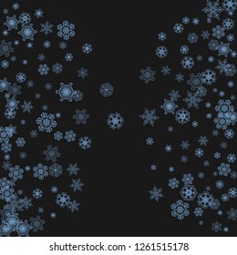 Snowflake border for Christmas and New Year celebration. Holiday snowflake border on black background  with sparkles. For banners, gift coupons, vouchers, ads, party events. Falling frosty snow.