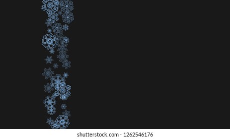 Snowflake border for Christmas and New Year celebration. Holiday snowflake border on black background  with sparkles. For banners, gift coupons, vouchers, ads, party events. Horizontal frosty snow.