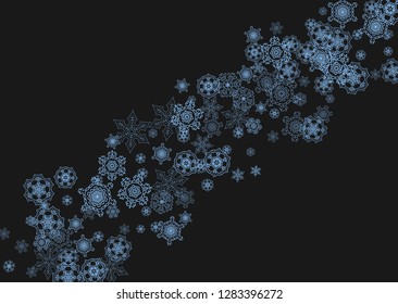 Snowflake border for Christmas and New Year celebration. Holiday snowflake border on black background  with sparkles. For banners, gift coupons, vouchers, ads, party events. Horizontal frosty snow.