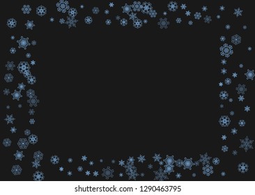 Snowflake border for Christmas and New Year celebration. Holiday snowflake border on black background  with sparkles. For banners, gift coupons, vouchers, ads, party events. Horizontal frosty snow.