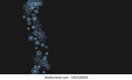 Snowflake border for Christmas and New Year celebration. Holiday snowflake border on black background  with sparkles. For banners, gift coupons, vouchers, ads, party events. Horizontal frosty snow.