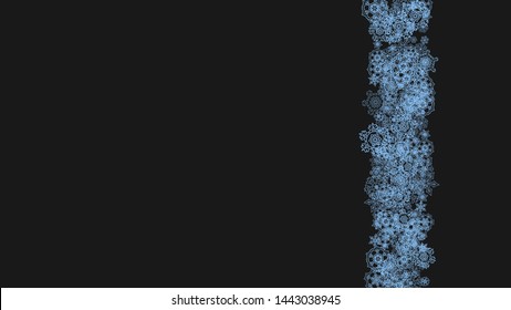 Snowflake border for Christmas and New Year celebration. Holiday snowflake border on black background with sparkles. For banners, gift coupons, vouchers, ads, party events. Horizontal frosty snow.