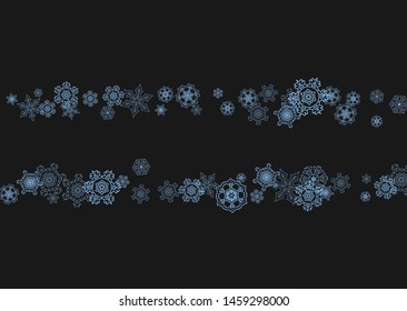 Snowflake border for Christmas and New Year celebration. Holiday snowflake border on black background with sparkles. For banners, gift coupons, vouchers, ads, party events. Horizontal frosty snow.