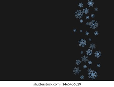 Snowflake border for Christmas and New Year celebration. Holiday snowflake border on black background with sparkles. For banners, gift coupons, vouchers, ads, party events. Horizontal frosty snow.