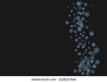 Snowflake border for Christmas and New Year celebration. Holiday snowflake border on black background with sparkles. For banners, gift coupons, vouchers, ads, party events. Horizontal frosty snow.