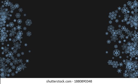 Snowflake border for Christmas and New Year celebration. Holiday snowflake border on black background with sparkles. For banners, gift coupons, vouchers, ads, party events. Horizontal frosty snow.
