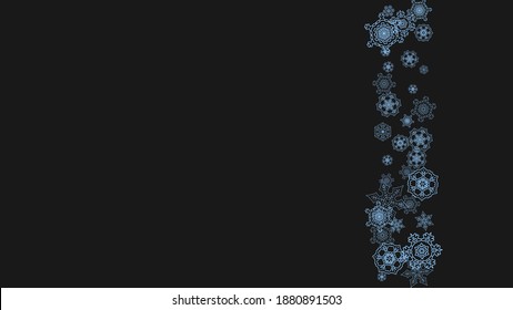 Snowflake border for Christmas and New Year celebration. Holiday snowflake border on black background with sparkles. For banners, gift coupons, vouchers, ads, party events. Horizontal frosty snow.