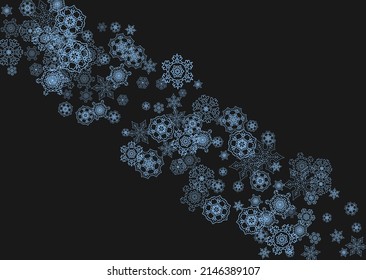 Snowflake border for Christmas and New Year celebration. Holiday snowflake border on black background  with sparkles. For banners, gift coupons, vouchers, ads, party events. Horizontal frosty snow.