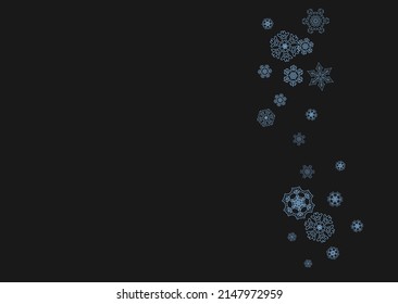 Snowflake border for Christmas and New Year celebration. Holiday snowflake border on black background  with sparkles. For banners, gift coupons, vouchers, ads, party events. Horizontal frosty snow.