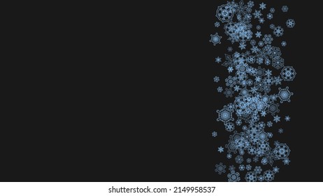 Snowflake border for Christmas and New Year celebration. Holiday snowflake border on black background  with sparkles. For banners, gift coupons, vouchers, ads, party events. Horizontal frosty snow.