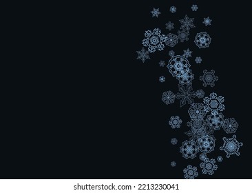 Snowflake border for Christmas and New Year celebration. Holiday snowflake border on black background  with sparkles. For banners, gift coupons, vouchers, ads, party events. Horizontal frosty snow.
