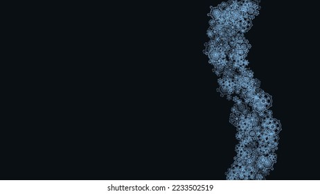 Snowflake border for Christmas and New Year celebration. Holiday snowflake border on black background  with sparkles. For banners, gift coupons, vouchers, ads, party events. Horizontal frosty snow.