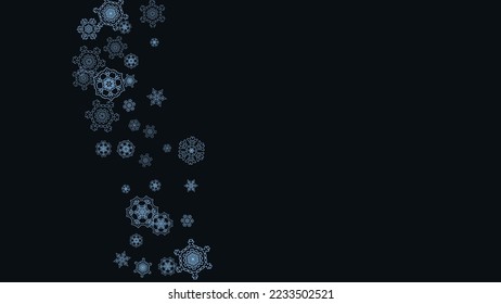 Snowflake border for Christmas and New Year celebration. Holiday snowflake border on black background  with sparkles. For banners, gift coupons, vouchers, ads, party events. Horizontal frosty snow.