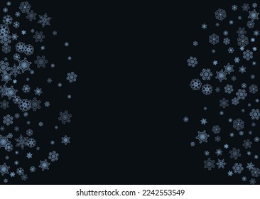 Frontera de copas de nieve para Navidad y celebración de Año Nuevo. Borde de copos de nieve de vacaciones sobre fondo negro con chispas. Para banners, cupones de regalo, vales, anuncios, fiestas. Nieve helada horizontal.