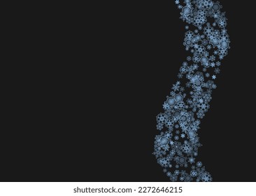 Snowflake border for Christmas and New Year celebration. Holiday snowflake border on black background  with sparkles. For banners, gift coupons, vouchers, ads, party events. Horizontal frosty snow.