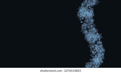Snowflake border for Christmas and New Year celebration. Holiday snowflake border on black background  with sparkles. For banners, gift coupons, vouchers, ads, party events. Horizontal frosty snow.
