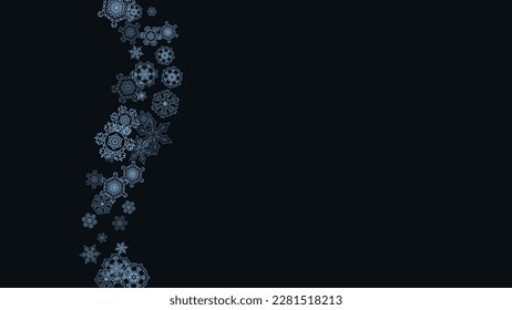 Snowflake border for Christmas and New Year celebration. Holiday snowflake border on black background  with sparkles. For banners, gift coupons, vouchers, ads, party events. Horizontal frosty snow.