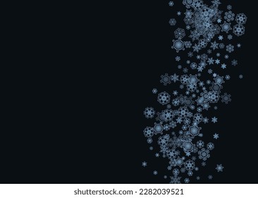 Snowflake border for Christmas and New Year celebration. Holiday snowflake border on black background  with sparkles. For banners, gift coupons, vouchers, ads, party events. Horizontal frosty snow.