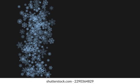Frontera de copas de nieve para Navidad y celebración de Año Nuevo. Borde de copos de nieve de vacaciones sobre fondo negro con chispas. Para banners, cupones de regalo, vales, anuncios, fiestas. Nieve helada horizontal.