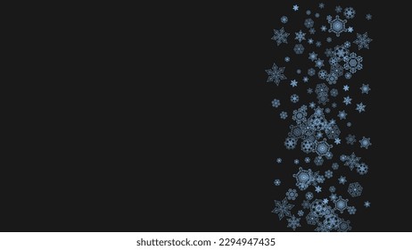 Snowflake border for Christmas and New Year celebration. Holiday snowflake border on black background  with sparkles. For banners, gift coupons, vouchers, ads, party events. Horizontal frosty snow.
