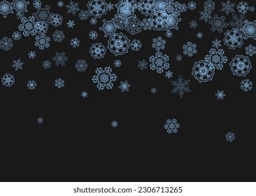 Snowflake border for Christmas and New Year celebration. Holiday snowflake border on black background  with sparkles. For banners, gift coupons, vouchers, ads, party events. Horizontal frosty snow.