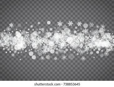 Snowflake border for Christmas and New Year holidays. Horizontal snowflake border on transparent background with sparkles. For banners, gift coupons, vouchers, ads, party events. Falling frosty snow.