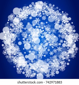 Snowflake border for Christmas and New Year celebration. Holiday snowflake border on blue background with sparkles. For banners, gift coupons, vouchers, ads, party events. Falling frosty snow.