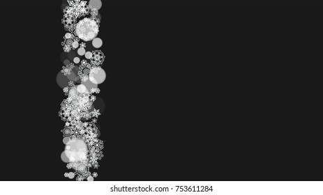 Snowflake border for Christmas and New Year holidays. Horizontal snowflake border on black background. For banners, gift coupons, vouchers, ads, party events. Falling frosty snow.