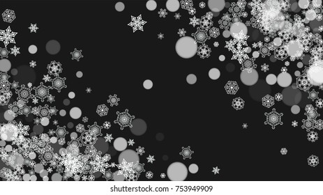 Snowflake border for Christmas and New Year holidays. Horizontal snowflake border on black background. For banners, gift coupons, vouchers, ads, party events. Falling frosty snow.