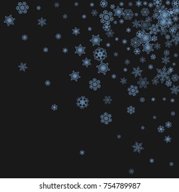 Snowflake border for Christmas and New Year celebration. Holiday snowflake border on black background  with sparkles. For banners, gift coupons, vouchers, ads, party events. Falling frosty snow.