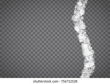 Snowflake border for Christmas and New Year holidays. Horizontal snowflake border on transparent background with sparkles. For banners, gift coupons, vouchers, ads, party events. Falling frosty snow.
