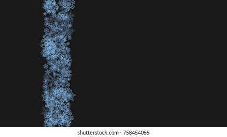 Snowflake border for Christmas and New Year celebration. Holiday snowflake border on black background  with sparkles. For banners, gift coupons, vouchers, ads, party events. Horizontal frosty snow.
