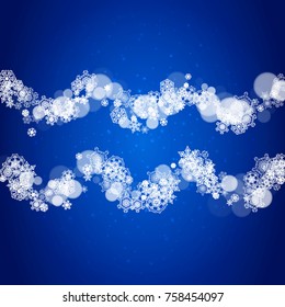 Snowflake border for Christmas and New Year celebration. Holiday snowflake border on blue background with sparkles. For banners, gift coupons, vouchers, ads, party events. Falling frosty snow.