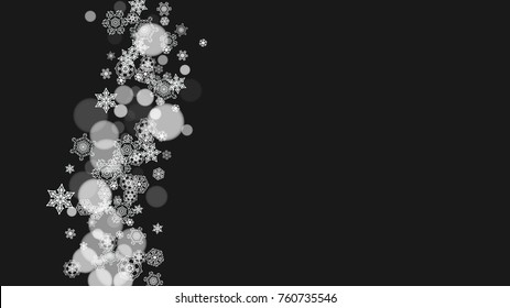 Snowflake border for Christmas and New Year holidays. Horizontal snowflake border on black background. For banners, gift coupons, vouchers, ads, party events. Falling frosty snow.