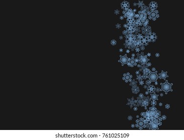 Snowflake border for Christmas and New Year celebration. Holiday snowflake border on black background  with sparkles. For banners, gift coupons, vouchers, ads, party events. Horizontal frosty snow.