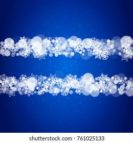 Snowflake border for Christmas and New Year celebration. Holiday snowflake border on blue background with sparkles. For banners, gift coupons, vouchers, ads, party events. Falling frosty snow.