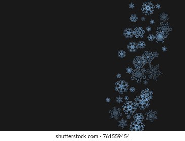 Snowflake border for Christmas and New Year celebration. Holiday snowflake border on black background  with sparkles. For banners, gift coupons, vouchers, ads, party events. Horizontal frosty snow.