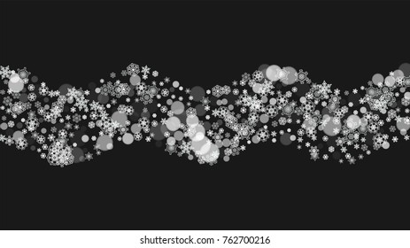 Snowflake border for Christmas and New Year holidays. Horizontal snowflake border on black background. For banners, gift coupons, vouchers, ads, party events. Falling frosty snow.