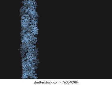 Snowflake border for Christmas and New Year celebration. Holiday snowflake border on black background  with sparkles. For banners, gift coupons, vouchers, ads, party events. Horizontal frosty snow.