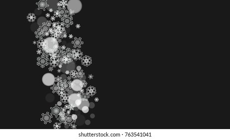 Snowflake border for Christmas and New Year holidays. Horizontal snowflake border on black background. For banners, gift coupons, vouchers, ads, party events. Falling frosty snow.