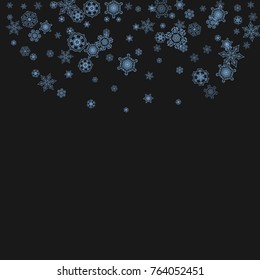 Snowflake border for Christmas and New Year celebration. Holiday snowflake border on black background  with sparkles. For banners, gift coupons, vouchers, ads, party events. Falling frosty snow.